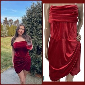 NEW Bardot Claudette Velvet Mini Dress Rust Strapless Corset Ruched Party XL